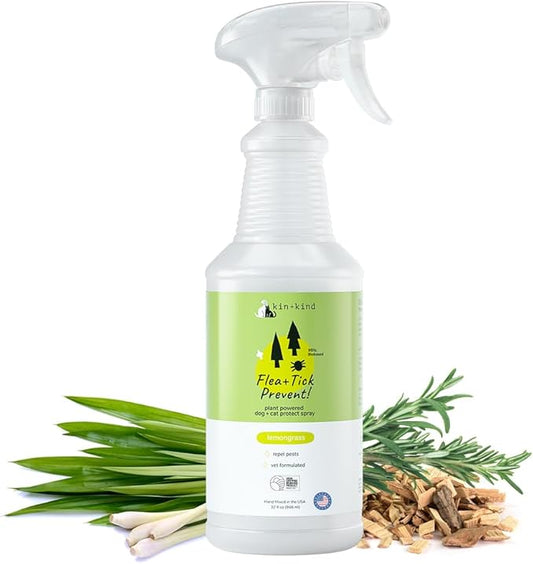 kin+kind Plant Based Flea and Tick Spray for Dogs and Cats – Essential Oil Formula with Lemongrass – Flea and Tick Prevention for Cats, Kittens, Puppies & Dogs - Pet Supplies - Family Safe – 32 fl oz
