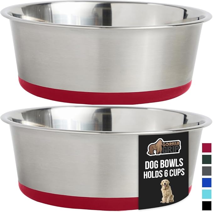 GORILLA GRIP Set of 2 Dog Bowls, Holds 6 Cups (48 fl oz), Heavy Duty Metal Food and Water Bowl for Feeding Dogs and Cats, Dishwasher Safe, Rust Resistant Stainless Steel, BPA Free Rubber Base, Red