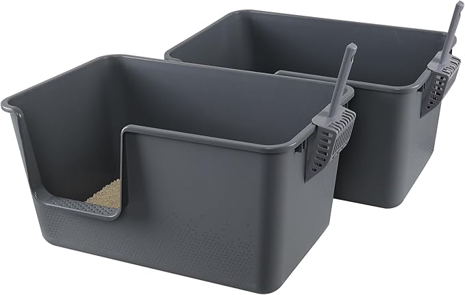 Extra Large Kitty Litter Box with High Sides, Gray Plastic Open Top Cat Litter Box with Scoop, 2 Packs