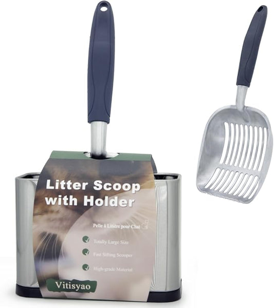 Full Metal Cat Litter Scoop with Holder, Stainless Steel Cat Litter Scooper Holder, Aluminum Kitty Scoop Captures All Clumps, Heavy Duty Kitty Metal Scooper with Non-Slip Handle