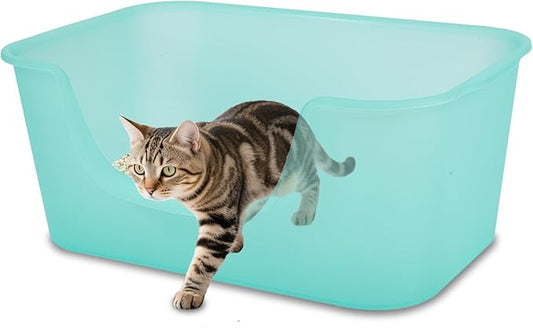 Large Cat Litter Box with High Sides for Indoor Multi Cats,Big Low Entry Cat Litter Pan Kitty Litter Box for Kittens & Senior Cats,Open Top Waterproof Anti-Splashing High Wall Cat Box (Blue)