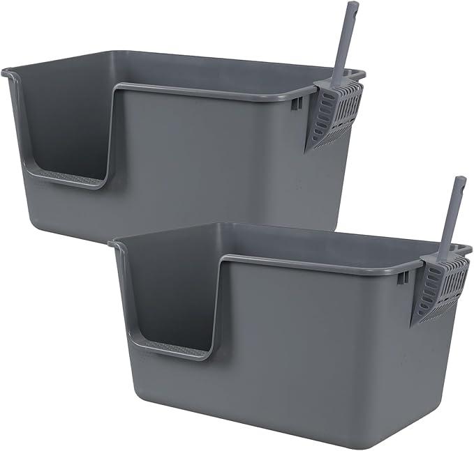 Xyskin 2-Pack Plastic Open Top Cat Litter Box, High Sides Cat Litter Pan with Scoop, Grey