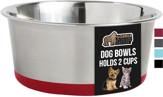 GORILLA GRIP Stainless Steel Metal Dog Bowl, Rubber Base, Heavy Duty Feeding Dish, Food Grade BPA Free, Less Sliding on Floors, Quiet Pet Bowl for Cats and Dogs, Holds 2 Cups (16 fl oz), Red