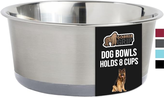 GORILLA GRIP Stainless Steel Metal Dog Bowl, Rubber Base, Heavy Duty Feeding Dish, Food Grade BPA Free, Less Sliding on Floors, Quiet Pet Bowl for Cats and Dogs, Holds 8 Cups (64 fl oz), Gray
