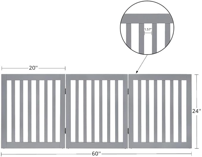 unipaws 24”H Free Standing Pet Gate for Dog, Wooden Dog Gates for Doorway, Stairs, Step Over Foldable Pet Fence for The House, Expandable Dog Barrier, Indoor Use, Grey