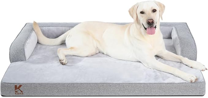 KSIIA Washable XXL Dog Bed for Extra Large Dog U-Shaped Bolster Pet Couch with Removable Waterproof Cover, Non-Slip Bottom and Egg-Crate Orthopedic Foam Pet Bed, 53 x 36 Inch, Gray