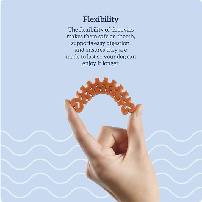 Groovies Flexible, Yet Moderately Tough Daily Dog Dental Chews. Powered by USA-Patented DentalFit Technology. No Added Gluten, No Artificial Flavors or Colors. Original 6oz (Small 22Chews)