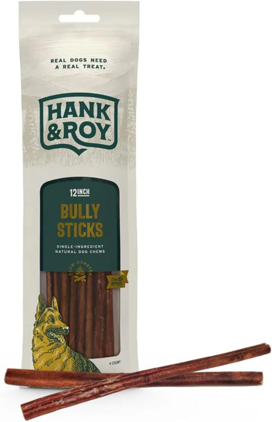Hank & Roy All-Natural, Single-Ingredient Dog Bully Sticks, Long Lasting, Easily Digestible Dog Chews, Antibiotic and Hormone Free 12” Beef Pizzle Sticks for Dogs, Pack of 4