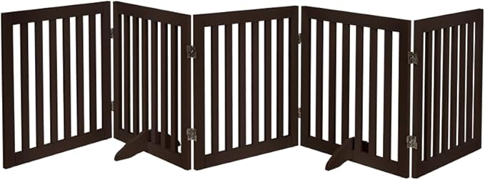 unipaws 24”H Free Standing Pet Gate for Dogs and Cats, Wooden Dog Gates for Doorway, Stairs, Dog Room Divider, Step Over Foldable Pet Fence for The House, Expandable Barrier, Indoor Use, Espresso