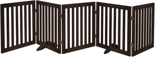 unipaws 24”H Free Standing Pet Gate for Dogs and Cats, Wooden Dog Gates for Doorway, Stairs, Dog Room Divider, Step Over Foldable Pet Fence for The House, Expandable Barrier, Indoor Use, Espresso