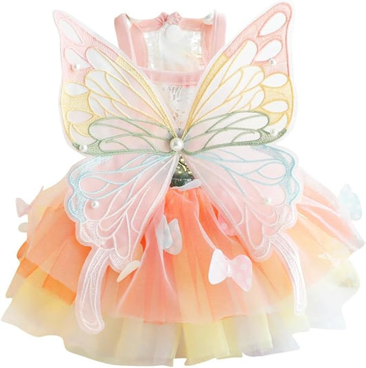 Rainbow Butterfly Dog Dresses for Small Dog Girl Puppy Lace Tutu Princess Dress Cat Outfit Pet Butterfly Costume for Kitten Chihuahua Yorkie Pomeranian (Pink, Medium)
