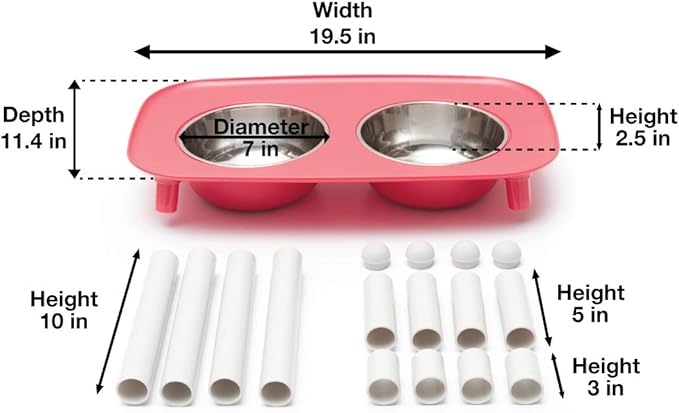 Messy Mutts Elevated Double Feeder with Stainless Bowls | Adjustable Height 3”, 5”, or 10” | Adjustable Standing Feeder for Dogs | 5 Cups per Bowl | Watermelon