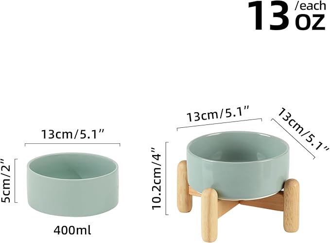 Ceramic 5.1inch Raised Dog and Cat Bowl Set, Elevated with Wooden Stand, Food and Water Bowl for Small Breed Dogs, Cats, Kitty, Weighted Dog Dishes, Pet Bowls(13.5oz, Light Green)