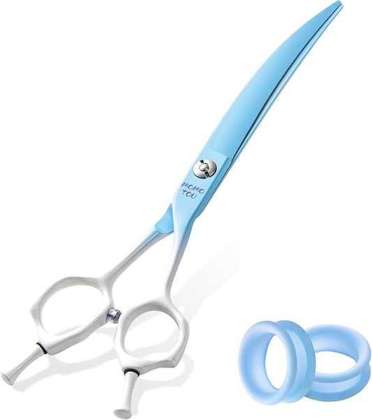 Curved Dog Grooming Scissors Blue to White Gradient 440C Stainless Steel Pet Grooming Shears Sharp Durable Dog Shears for Professional or Home Use Ergonomic Handle with 2 Silicone Finger Rings
