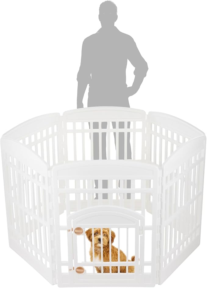 IRIS USA 34" 6-Panel Dog Playpen with Door, 44 x 63 x 34, Puppy Fence, Puppy Playpen, Dog Play Pen Indoors, Pet Fence, Puppies/Small Dogs, White
