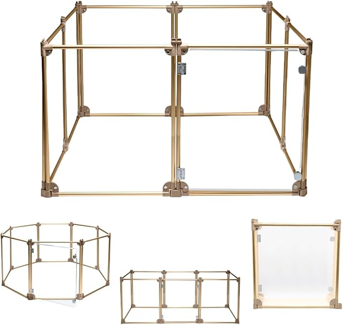Front Row Foldable Dog Playpen – Durable and Portable Puppy Playpen for Exercise, Rest & Play – Clear Fence Panels with Aluminum Rods and Crate for Dogs and Other Small Pets (Gold, 8-Panel)