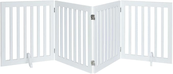 unipaws 24”H Free Standing Pet Gate for Dog Cat, Wooden Gates for Doorway, Stairs, Step Over Foldable Pet Fence for The House, Expandable Dog Barrier, Indoor Use, White