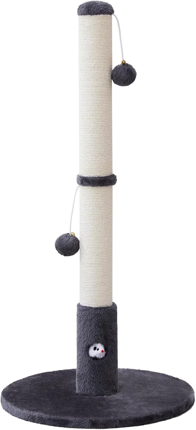 33'' Tall Cat Scratching Post for Adults Cats, Sturdy Large Scratch Pole with Hanging Ball with Fun Mouse Hole, Scratching Posts for Indoor with Durable Natural Sisal Rope (Darkgrey)