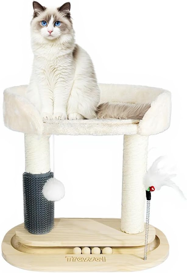 Small Cat Tree Tower, Cat Scratching Post 6-in-1 Cat Tree with Self Groomer Brush, Natural Sisal Scratcher Cute Kitten Scratching Post with Bed, Hanging & Track Toy for Indoor, Beige