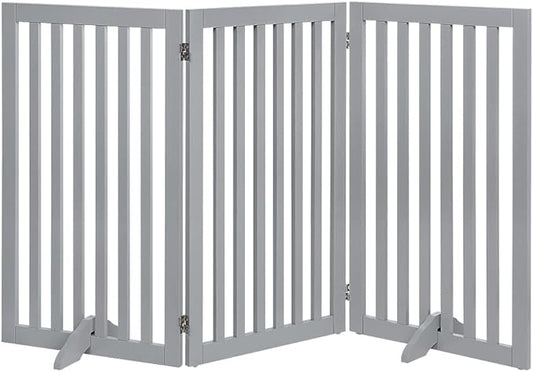 unipaws 36" H Free Standing Pet Gate for Dog Cat, Tall Wooden Dog Gates for Doorway, Stairs, Foldable Pet Fence for The House, Expandable Barrier, Indoor Use, Grey