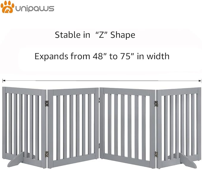 unipaws 24" H Free Standing Pet Gate for Dog Cat, Wooden Dog Gates for Doorway, Stairs, Step Over Foldable Pet Fence for The House, Expandable Barrier, Indoor Use, Grey