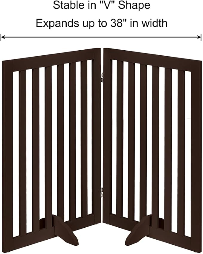 unipaws 36”H Free Standing Pet Gate for Dog and Cat, Wooden Dog Gates for Doorway, Stairs, Room Divider, Step Over Foldable Pet Fence for The House, Expandable Barrier, Indoor Use, Espresso