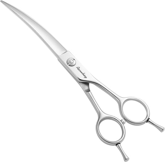 Dog Cat Scissors for Grooming, Pet Shears for Thick Coats and Matted Hair, Thinner Curved Straight Chunker Stainless Steel Shears (7.0" Curved Silver)