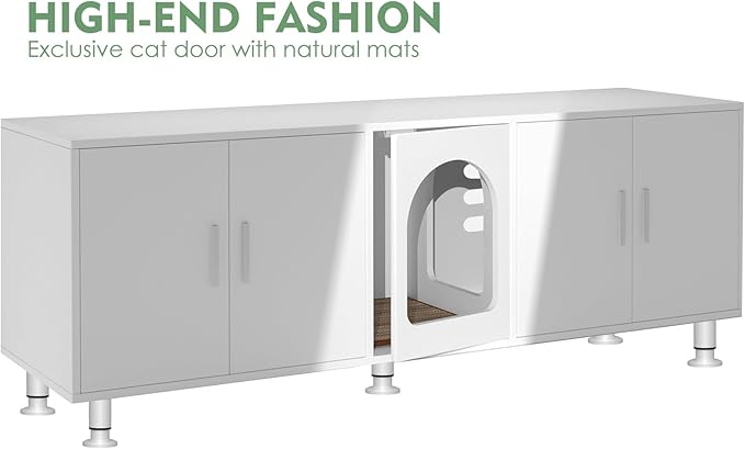 Double Litter Box Enclosure, Litter Box Enclosure for 2 Litter Boxes, Modern Litter Box Furniture for 2 Cats, with Cat Door & Motion Light (White)