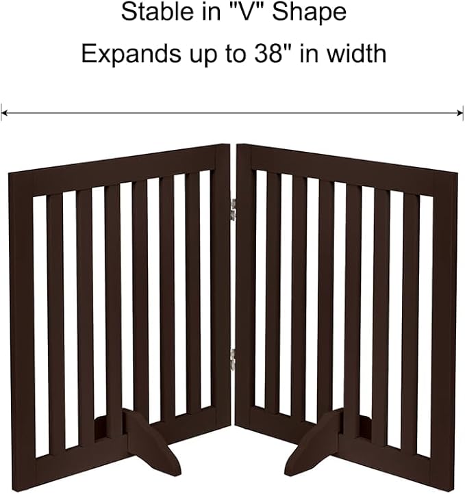 unipaws 24”H Free Standing Pet Gate for Dog Cat, Wooden Dog Gates for Doorway, Stairs, Step Over Foldable Pet Fence for The House, Expandable Doggy Barrier, Indoor Use, Espresso