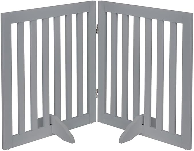 unipaws 24”H Free Standing Pet Gate for Dog Cat, Wooden Dog Gates for Doorway, Stairs, Step Over Foldable Pet Fence for The House, Expandable Doggy Barrier, Indoor Use, Grey