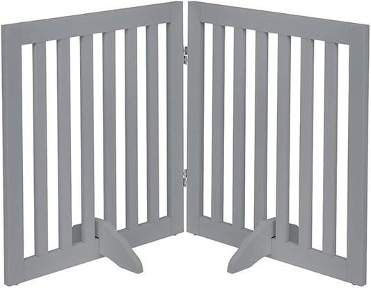 unipaws 24”H Free Standing Pet Gate for Dog Cat, Wooden Dog Gates for Doorway, Stairs, Step Over Foldable Pet Fence for The House, Expandable Doggy Barrier, Indoor Use, Grey