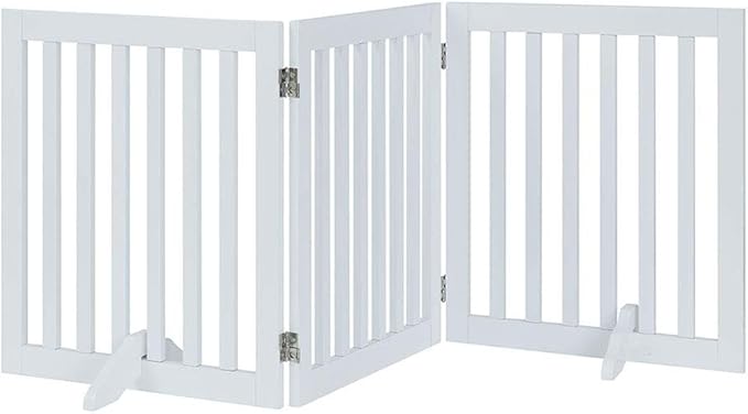 unipaws 24”H Free Standing Pet Gate for Dog Cat, Wooden Gates for Doorway, Stairs, Step Over Foldable Pet Fence for The House, Expandable Dog Barrier, Indoor Use, White