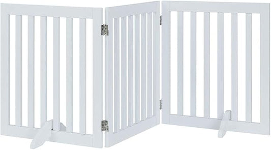 unipaws 24”H Free Standing Pet Gate for Dog Cat, Wooden Gates for Doorway, Stairs, Step Over Foldable Pet Fence for The House, Expandable Dog Barrier, Indoor Use, White