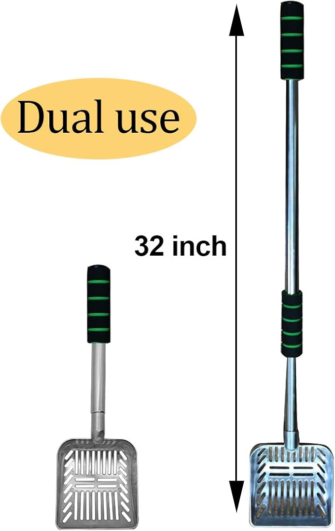 32 inch Cat Litter Scooper Metal Cat Litter Scoop Long Handle Cat Scoop Litter Box Scooper Non-Stick Aluminum Deep Shovel Litter Scoop Large Kitty Sifter Scoop Manages Big Clumps of Multi-Cat Families