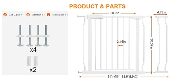 Extra Wide Baby Gate Extra Tall Dog Gate for Stairs Doorways White Metal Tension Child Pet Safety Gates with Pressure Mount 34-38.5 Inch Wide