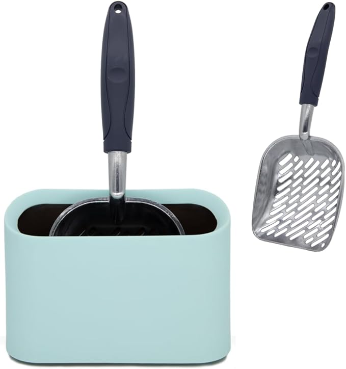 Aluminum Cat Litter Scoop in Holder, Non-Stick Cat Poop Scooper with Holder, Fast Sifting Kitten Poop Lifter and Caddy (Blue)