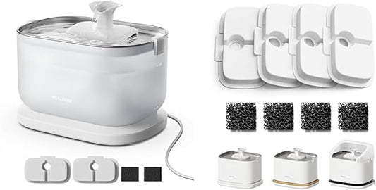 PETLIBRO Cat Water Fountain + PETLIBRO Genuine 4 Packs Filters, Cat Fountain Indoor Stainless Steel Tray, 2.5L/84oz Wireless Pump Pet Water Fountain, Cat Water Dispenser with Two Flow Modes