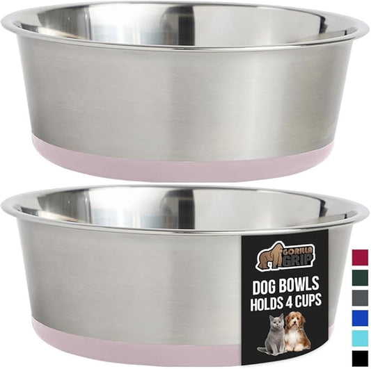 GORILLA GRIP Set of 2 Dog Bowls, Holds 4 Cups (32 fl oz), Heavy Duty Metal Food and Water Bowl for Feeding Dogs and Cats, Dishwasher Safe, Rust Resistant Stainless Steel, BPA Free Rubber Base, Lt Pink
