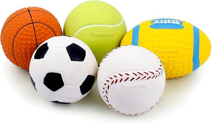 Squeaky Dog Ball, Soft Latex Rubber Squeaky Dog Toys for Small Dogs Puppies, Cute Squeak Toys Play Ball - Tennis, Soccer, Football, Basketball and Baseball 5 Pack