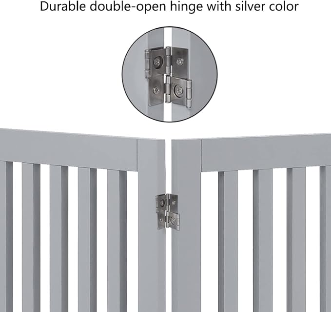 unipaws 24”H Free Standing Pet Gate for Dog, Wooden Dog Gates for Doorway, Stairs, Step Over Foldable Pet Fence for The House, Expandable Dog Barrier, Indoor Use, Grey