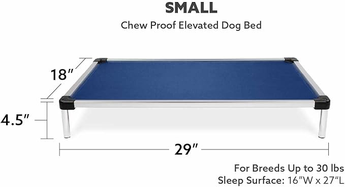 K9 Ballistics Chew Proof Elevated Cooling Outdoor Cot Bed for Small Dogs & Puppies - Virtually Indestructible, Preassembled, Withstands Aggressive Chewers - S, Ripstop Blue Quartz