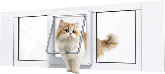 Cat Door for Window, Aluminum Cat Door Window Insert with 4 Secure Lock Modes, Magnectic Closure for Cats, Fit Window Width 32"-36", White