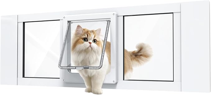 Cat Door for Window, Aluminum Cat Door Window Insert with 4 Secure Lock Modes, Magnectic Closure for Cats, Fit Window Width 28"-32", White