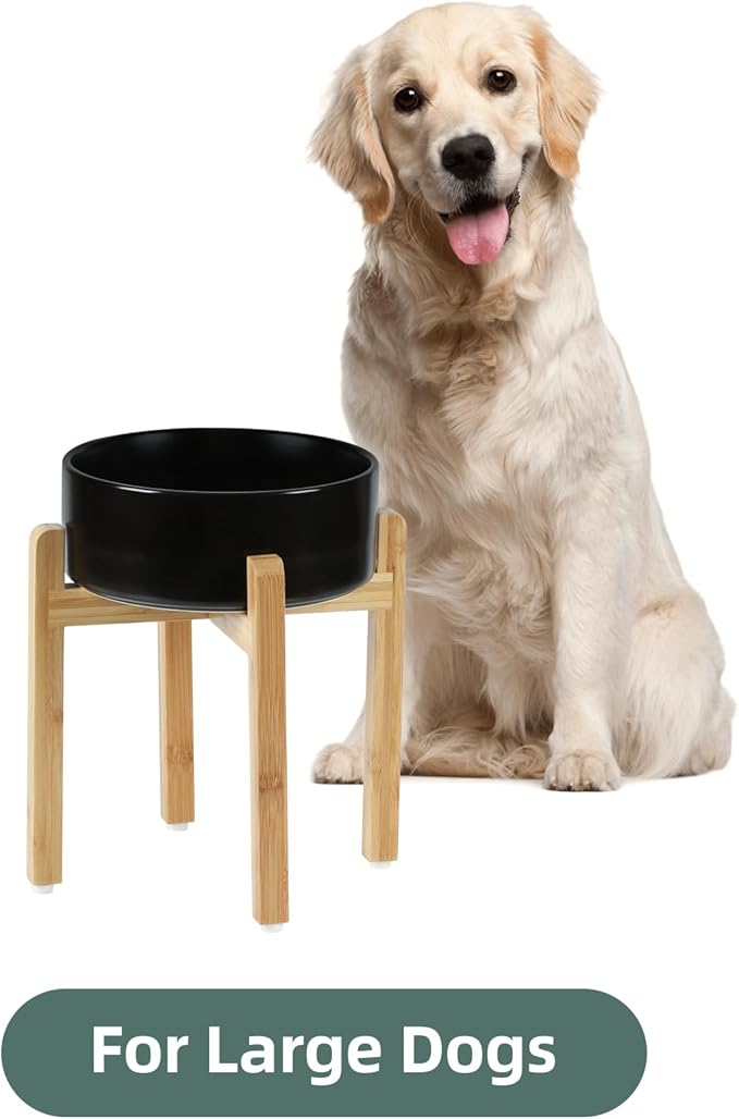 Ceramic Raised Dog Bowl Set, Elevated Dog Bowl with Stand, Food and Water Bowl for Large Breed Dogs, Weighted Pet Dishes(8.2'',60OZ, Black)