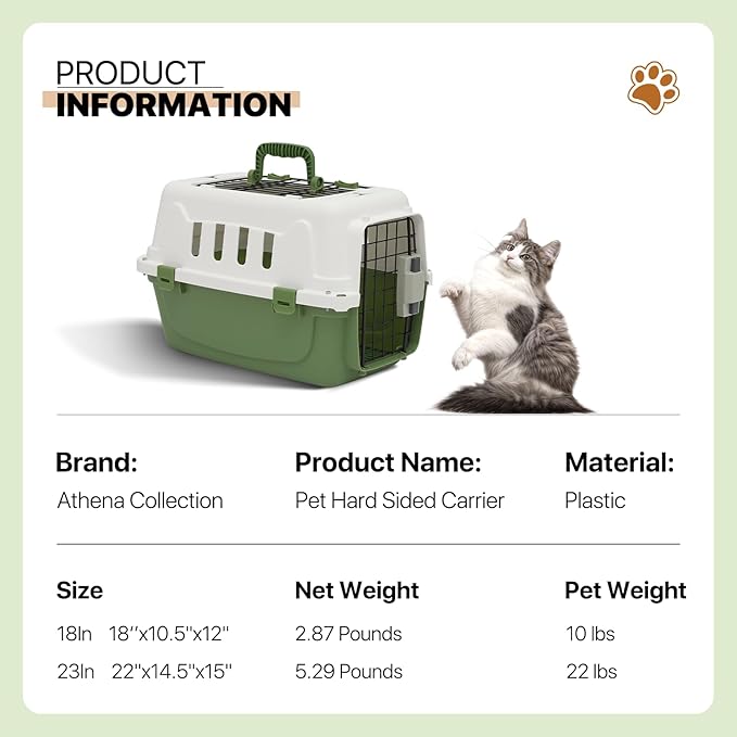 Athena Collection 18" Hard-Sided Travel Pet Carrier for Small Dogs and Cats, Plastic Dog Crate with 2-Door Top & Front Load, Ventilation, Security Lock, Cat Dog Carrier for Pet, up to 10lbs, Green