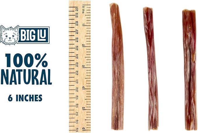 Big Lu - 6-Inch Jerky Gullet Sticks, 12 Count, All-Natural Beef Dog Chews, Grass-Fed, Free-Range, Digestible Treats with Glucosamine and Chondroitin for Joint Health, Dogs