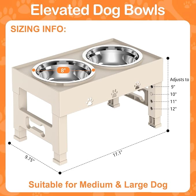 Elevated Dog Bowls with 2 Stainless Steel Bowls, Raised Dog Food Bowl Stand 5 Height Adjustable (3.1", 9", 10", 11", 12") Non-Slip Feeder Set for Medium and Large Dogs - Apricot