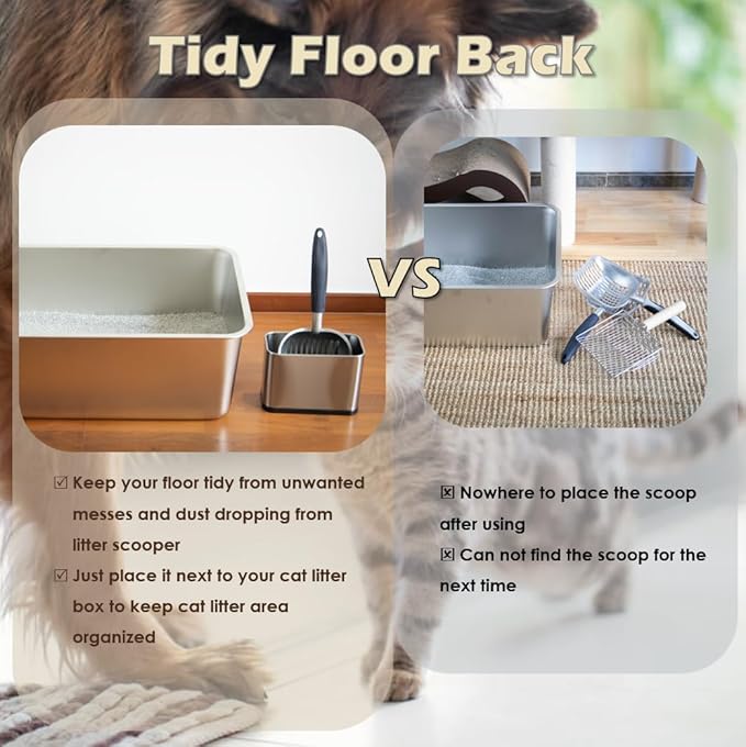 Full Metal Cat Litter Scoop with Holder, Stainless Steel Cat Litter Scooper Holder, Aluminum Kitty Scoop Captures All Clumps, Heavy Duty Kitty Metal Scooper with Non-Slip Handle