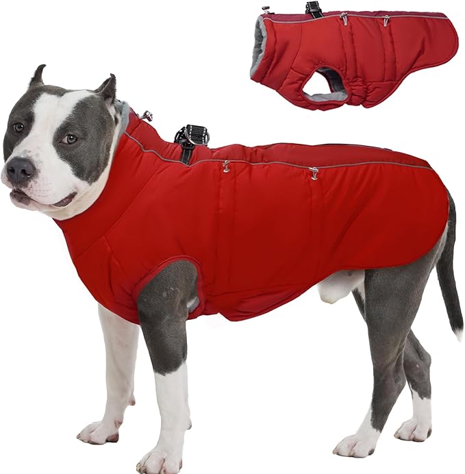Dog Winter Jacket - XX Large, Warm Zip Up Snowsuit Dog Harness Vest, Reflective, Water-Resistant, Red
