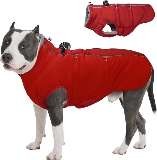 Dog Winter Jacket - XX Large, Warm Zip Up Snowsuit Dog Harness Vest, Reflective, Water-Resistant, Red